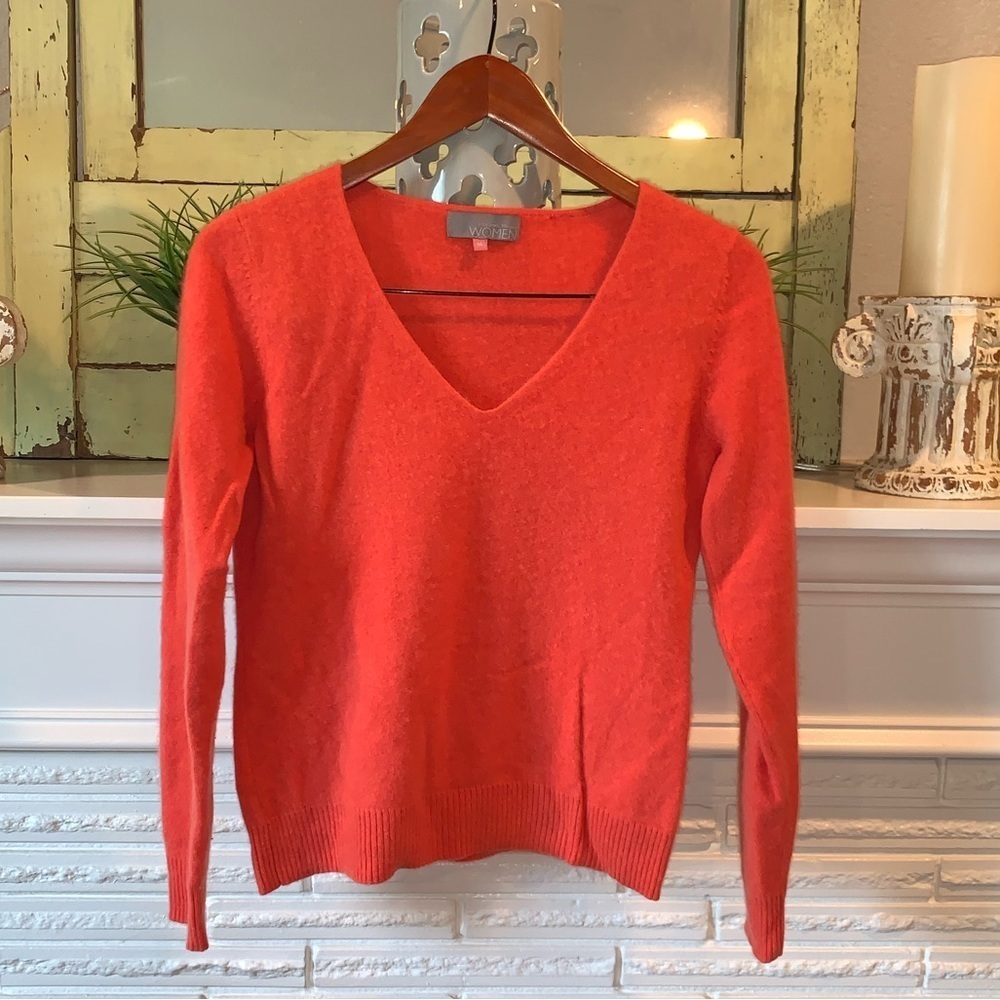 John Lewis Women’s Orange V-neck 100% Cashmere Cozy Sweater Size M Soft
